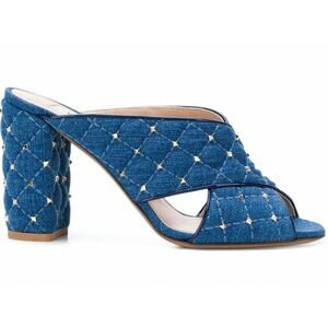 Valentino Rockstud Spike Denim Blue Mule Stud Backless Sandal Heel Pump 36.5